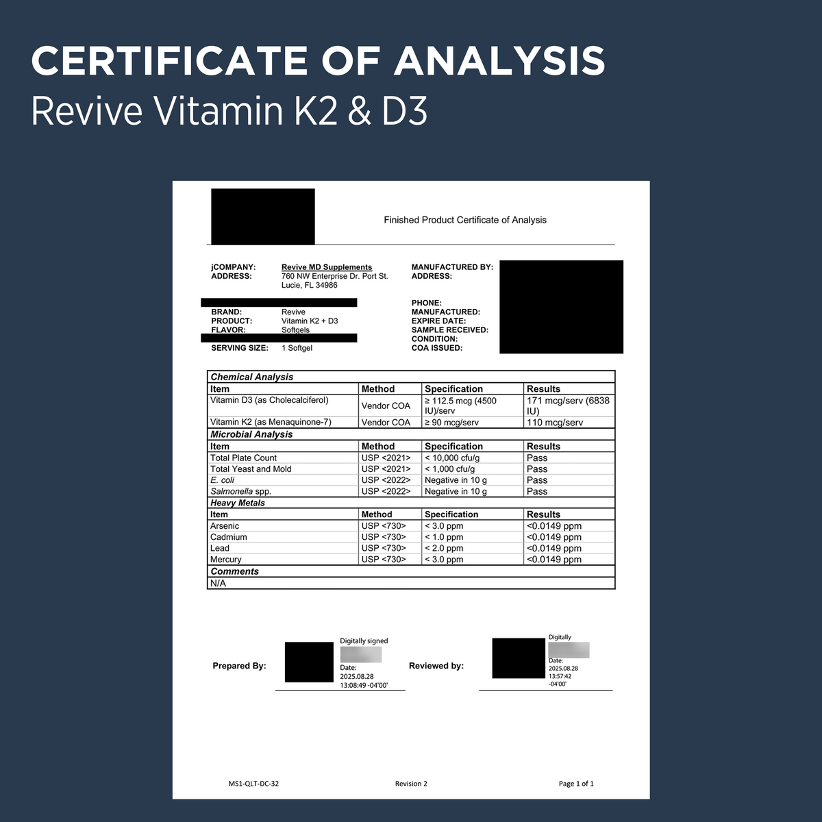 Revive MD Vitamin K2 en D3 - Certificate of Analysis
